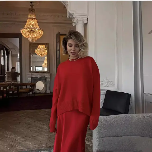 Solid Color Round Neck Sweater Women's Top Red - Shop at LoveMi