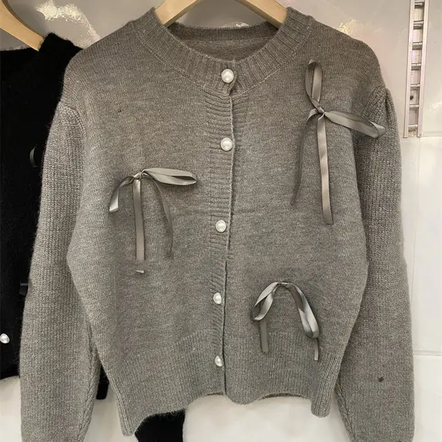Ribbon Bow Bandage Fashionable Round Neck Coat Top Gray - Shop at LoveMi