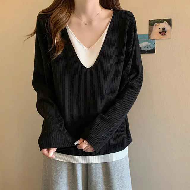 V neck Bottoming Shirt Slimming Loose Top For Women Black - Shop at LoveMi