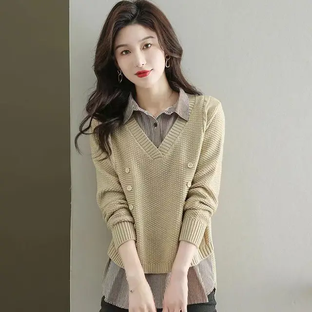 Women's Loose Bottoming Shirt Trendy Stitching Top Apricot - Shop at LoveMi