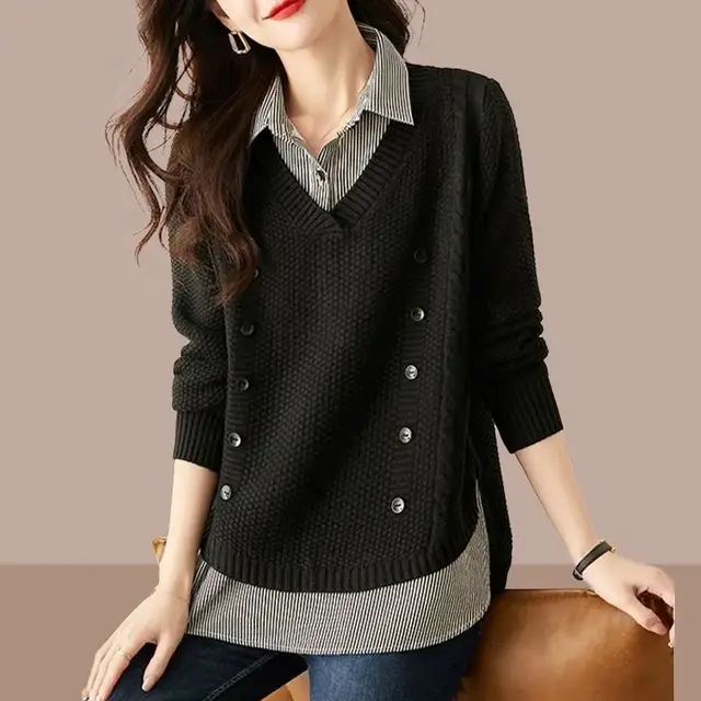 Women's Loose Bottoming Shirt Trendy Stitching Top Black - Shop at LoveMi