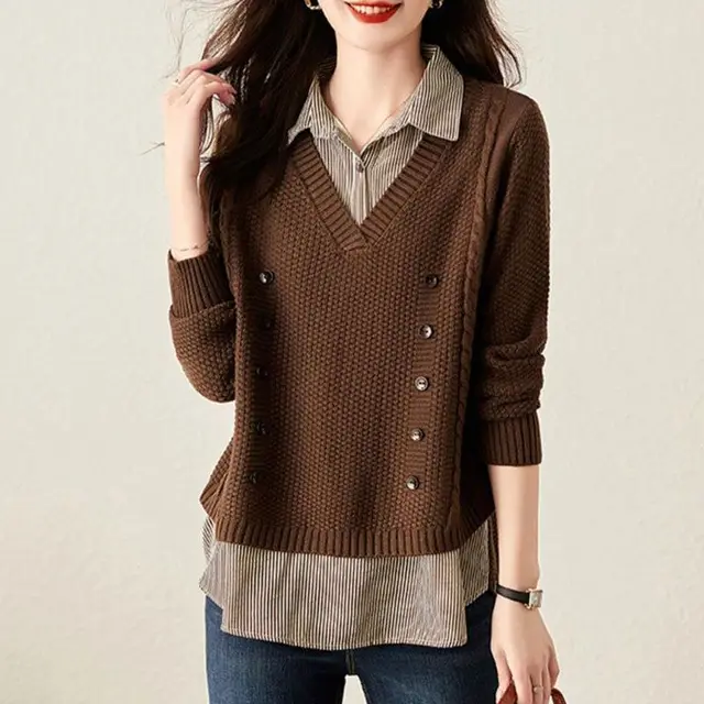 Women's Loose Bottoming Shirt Trendy Stitching Top Brown - Shop at LoveMi
