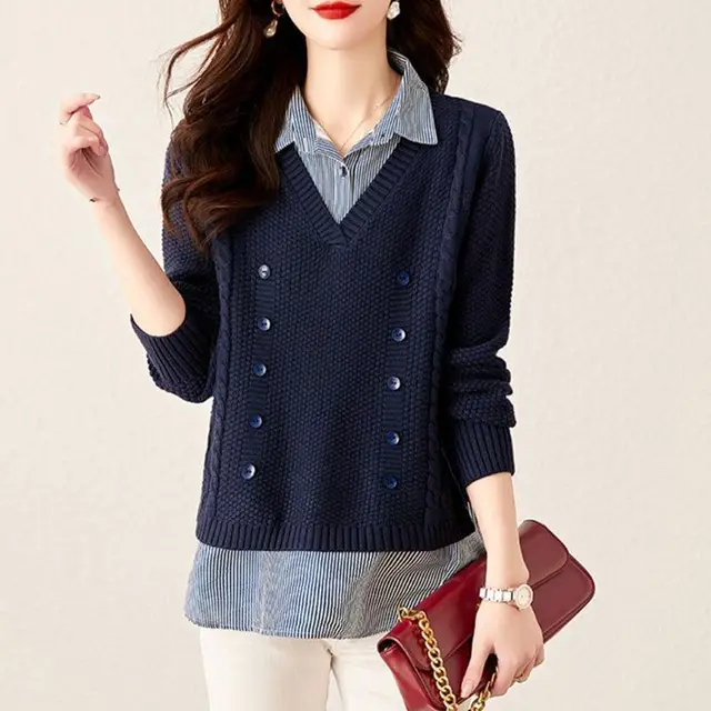 Women's Loose Bottoming Shirt Trendy Stitching Top Dark Blue - Shop at LoveMi