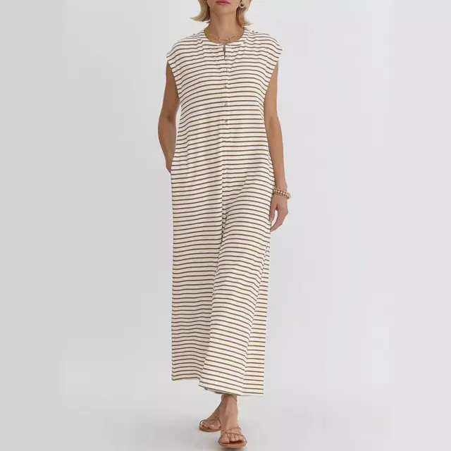 Women's Casual Simple Jumpsuit Brown Stripes - Shop at LoveMi