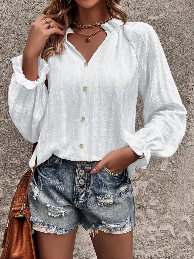 Half open Collar Single breasted Ruffle Sleeve Striped Shirt White - Shop at LoveMi