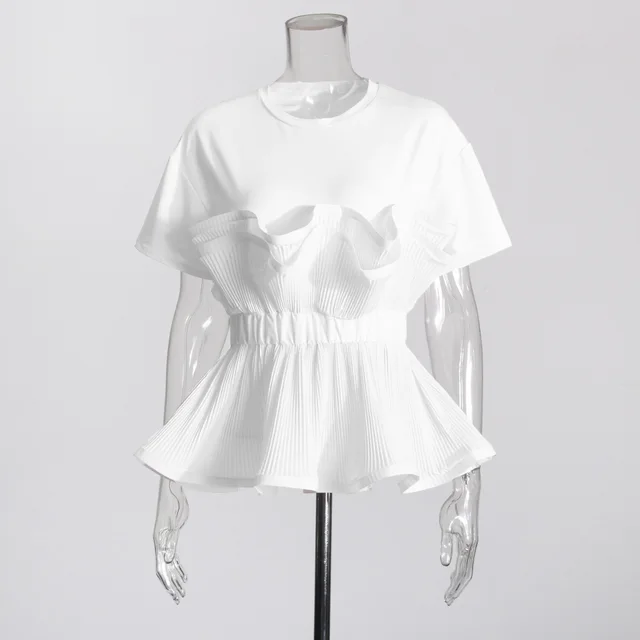 Elegant Style Autumn New Round Neck Splicing Pullover Ruffled Slim Fit Slimming Top White - Shop at LoveMi