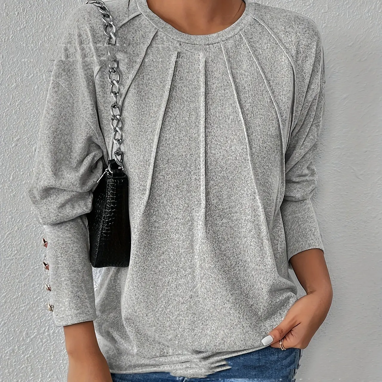 Round Neck Long Sleeve Solid Color Buttons Bottoming Shirt - Light Gray