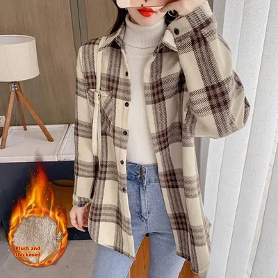 Women's Fashion New Retro Plaid Shirt Coat Apricot - Shop at LoveMi