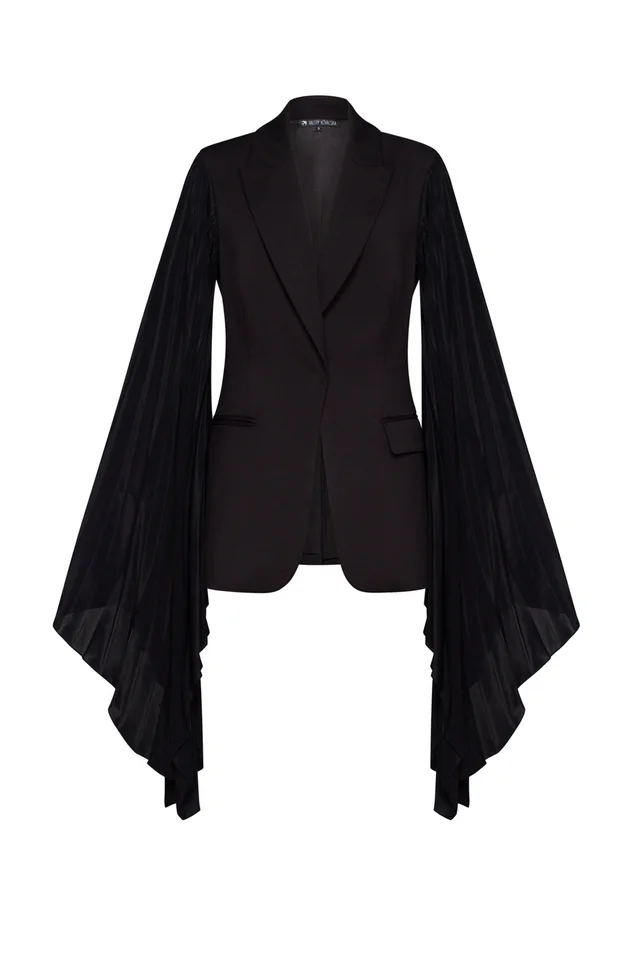 Top Women's Pleated Super Wide Loose Ruffle Sleeve Suit Jacket Black - Shop at LoveMi