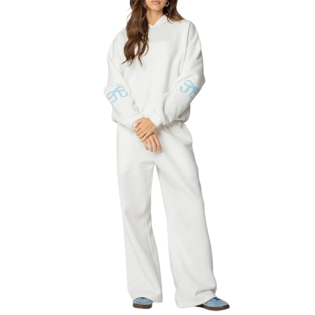 Suit Plus Fleece Hoodie Casual Sports Two-piece Set - White