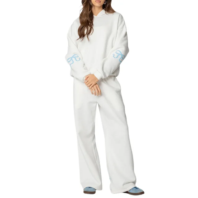 Suit Plus Fleece Hoodie Casual Sports Two piece Set White - Shop at LoveMi