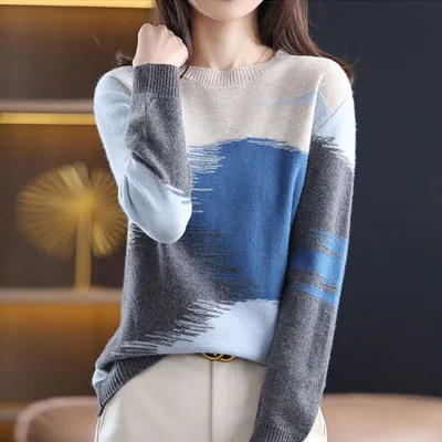Women's All matching Sweater Fashionable Elegant Top Blue And Gray - Shop at LoveMi