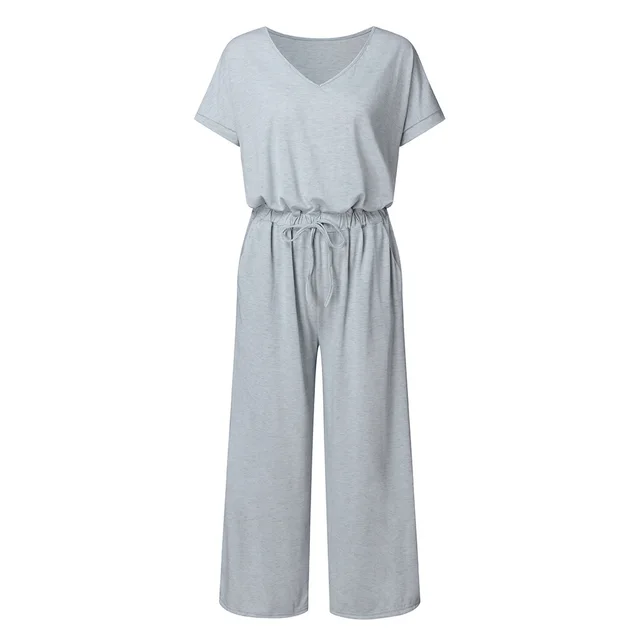 Women's Elastic Waist V neck Wide leg Jumpsuit Light Gray - Shop at LoveMi