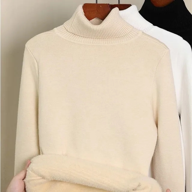 Fleece lined Thick Turtleneck Sweater Women Beige Plus Velvet - Shop at LoveMi