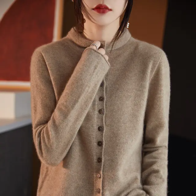 Women's Round Neck Cardigan Jacket Loose Top Camel - Shop at LoveMi