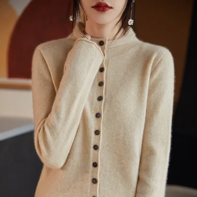 Women's Round Neck Cardigan Jacket Loose Top Rice - Shop at LoveMi