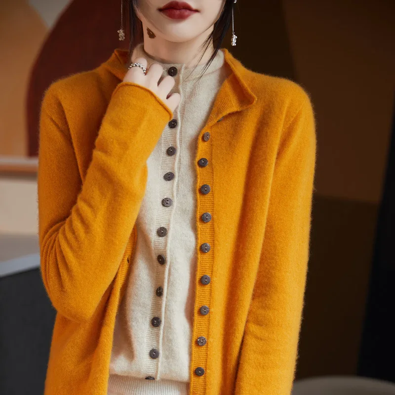 Women's Round Neck Cardigan Jacket Loose Top - Yellow