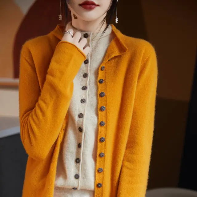 Women's Round Neck Cardigan Jacket Loose Top Yellow - Shop at LoveMi