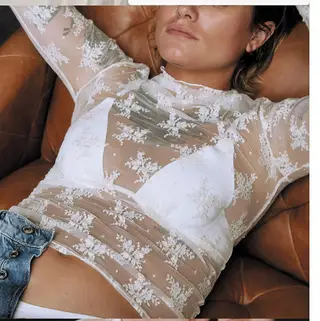 European And American Women's Clothing See-through Lace Top - White