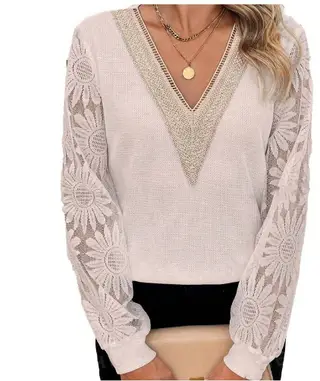 New Autumn Women's Clothing Long Sleeve V-neck Stitching - Lotus Root Color