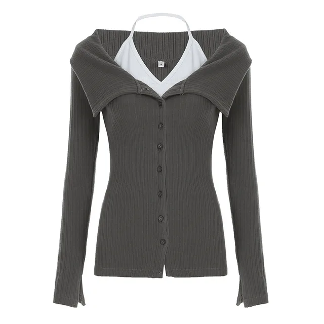 Halterneck Vest Sunken Stripe Lapel T shirt Two piece Set Gray - Shop at LoveMi