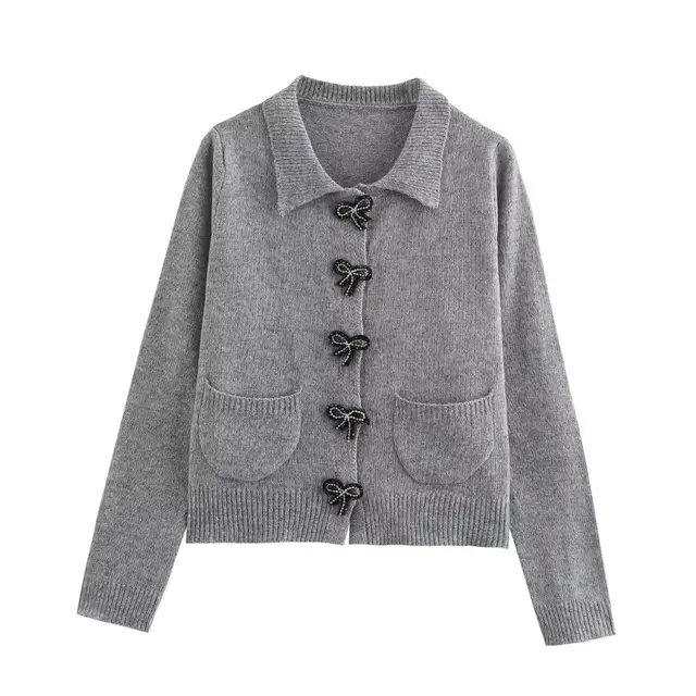 Bow Decorated Row Button Polo Collar Solid Color Short Long Sleeve Knitted Cardigan Gray - Shop at LoveMi