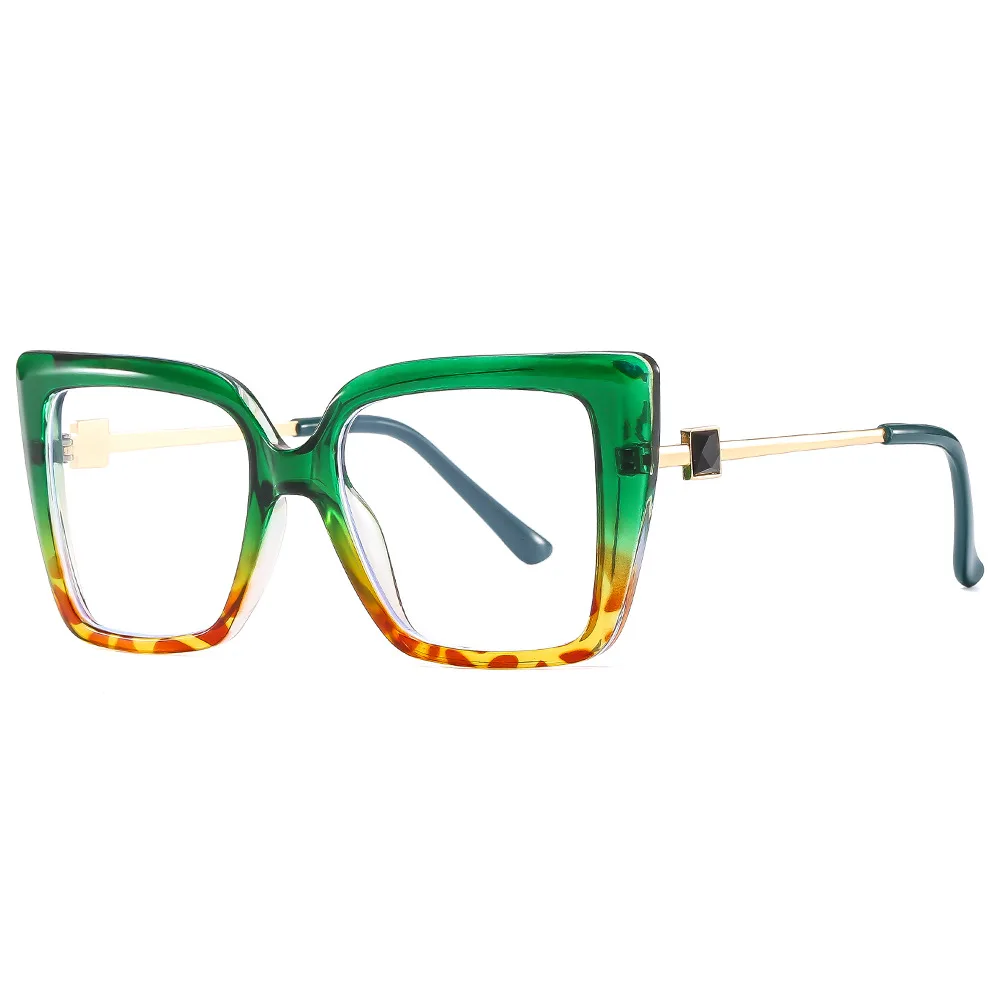 Colourful Colour Plain Glasses Glasses Glasses Large Frame Cat Eye Ladies Diamond-studded Glasses Glasses - C4 Green Leopard Frame