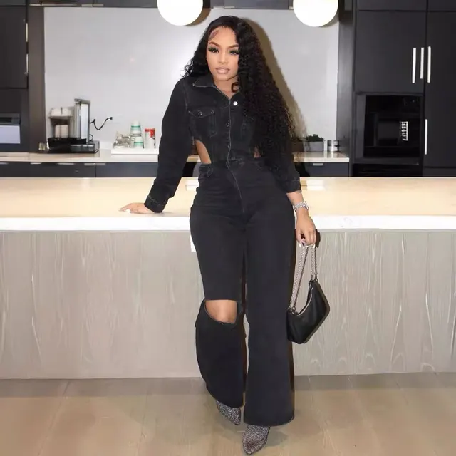 European And American New Casual Elastic Hollow Denim Jumpsuit Black - Shop at LoveMi