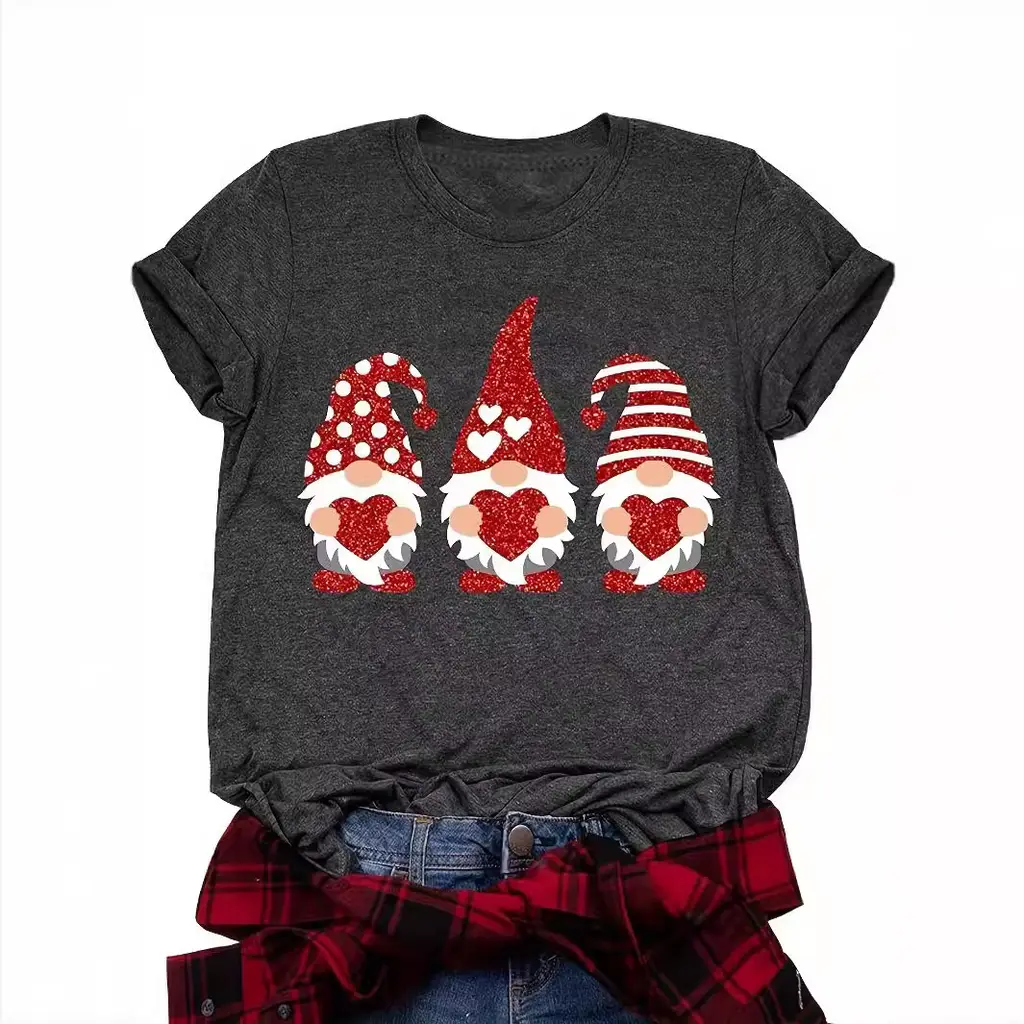 Women's Christmas Printed Round Neck T-shirt - Dark Gray