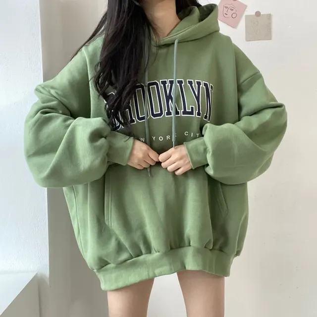 Sweater Women's Mid length Letter Hooded Loose 5082A Green Thin - Shop at LoveMi