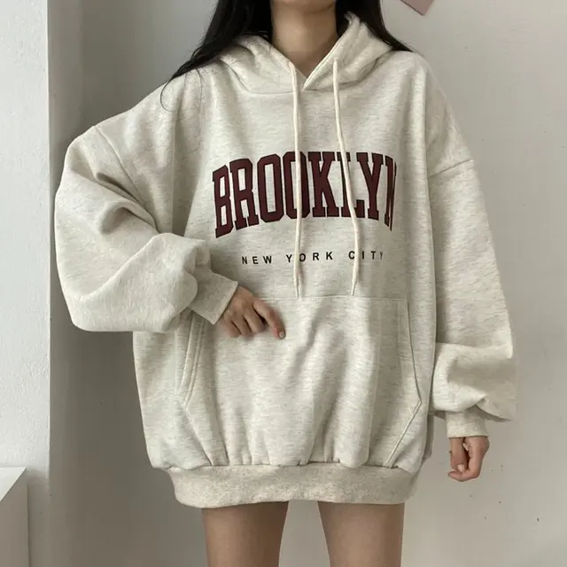 Sweater Women's Mid length Letter Hooded Loose 5082A Light Gray Thick - Shop at LoveMi