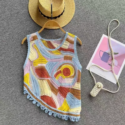 Women's Fashionable Knitted Hollow Vest Tassel Top Blue - Shop at LoveMi