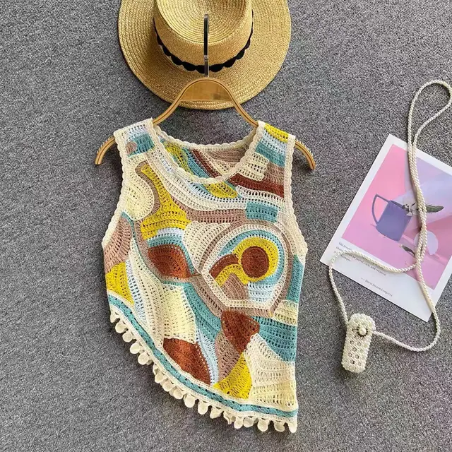 Women's Fashionable Knitted Hollow Vest Tassel Top Yellow - Shop at LoveMi