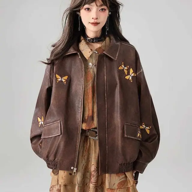 Butterfly Embroidery High grade Brown Leather Coat Brown - Shop at LoveMi