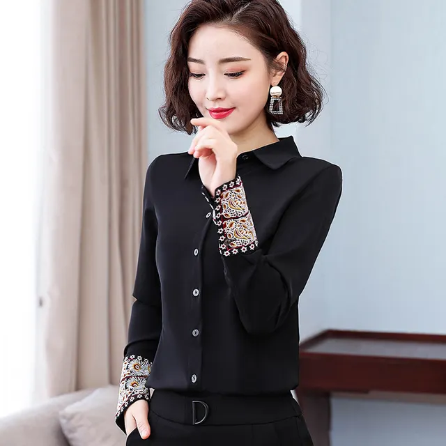 Spring And Autumn Lapel Long Sleeve White Shirt Women's Design Embroidery Chiffon Top Black - Shop at LoveMi