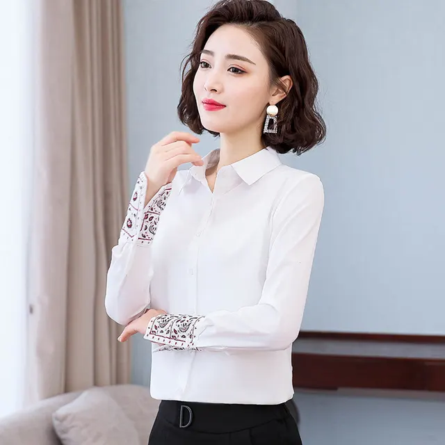 Spring And Autumn Lapel Long Sleeve White Shirt Women's Design Embroidery Chiffon Top White - Shop at LoveMi