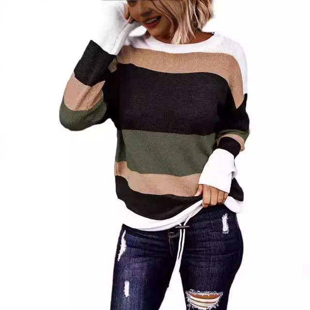 Women's Knitted Long sleeved Striped Color Matching T shirt Green - Shop at LoveMi