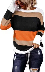 Women's Knitted Long-sleeved Striped Color Matching T-shirt - Orange