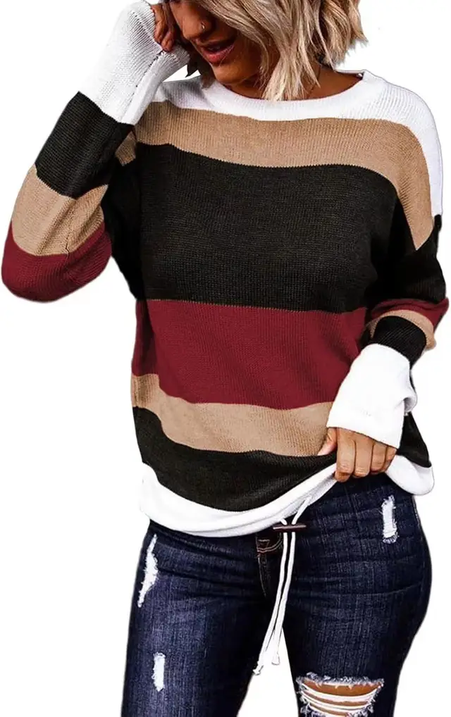 Women's Knitted Long sleeved Striped Color Matching T shirt Red - Shop at LoveMi