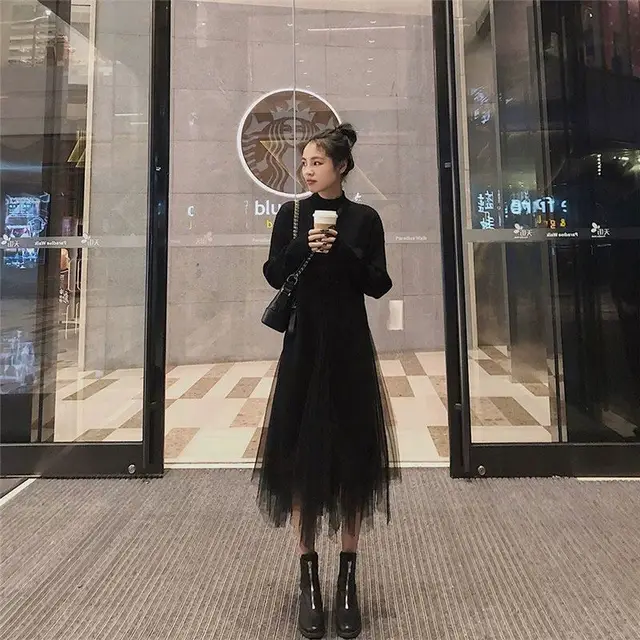 Spring And Autumn French Black Dress Gauze Knitting Sweater Black Sweater Tulle Skirt - Shop at LoveMi