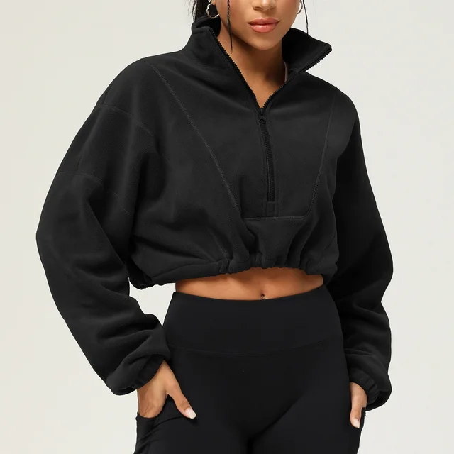 Polar Fleece Long sleeved Sweater Stand Collar Zipper Sweater Leisure Warm Sports Jacket Black - Shop at LoveMi