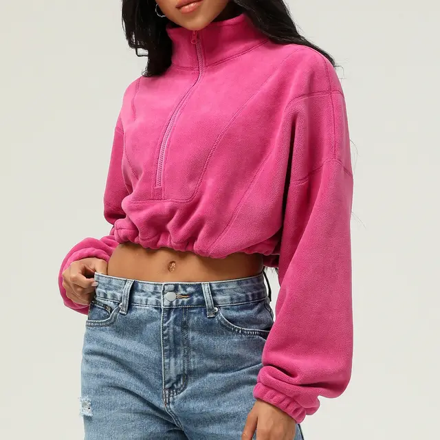 Polar Fleece Long sleeved Sweater Stand Collar Zipper Sweater Leisure Warm Sports Jacket Rose Red - Shop at LoveMi