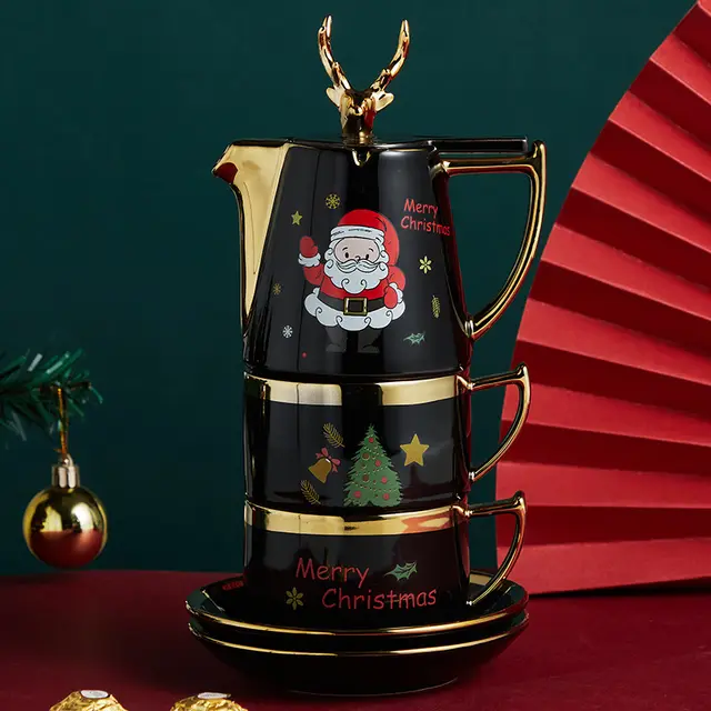 Ceramic Teapot Cup Gift Christmas Elk Teacup Suit Black 5Piece Set - Shop at LoveMi