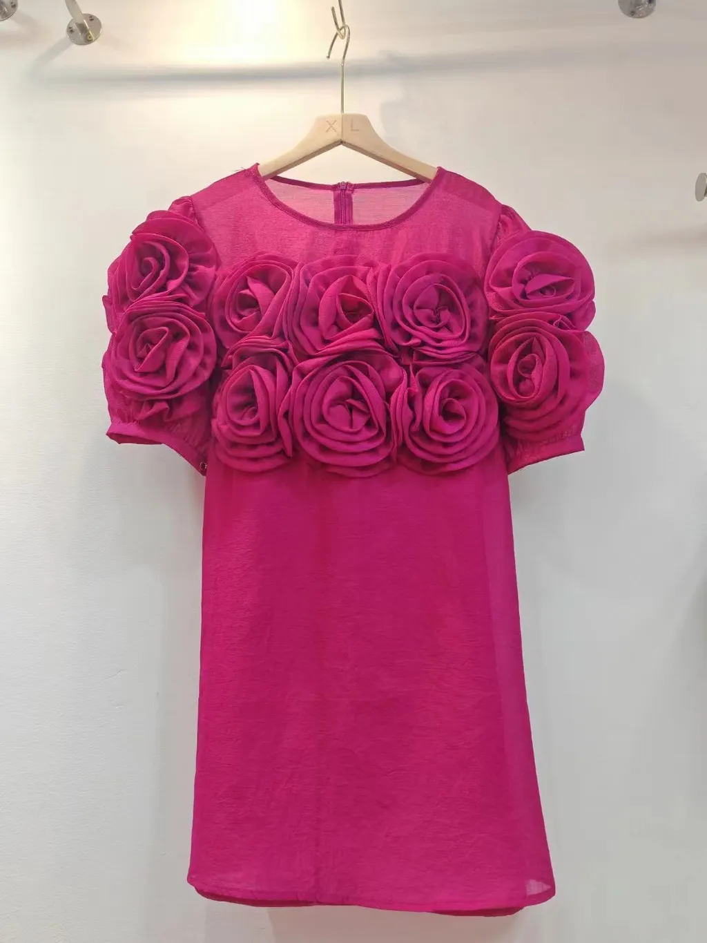 New French Bubble Short Sleeve Shirt Top Women - Rose Red