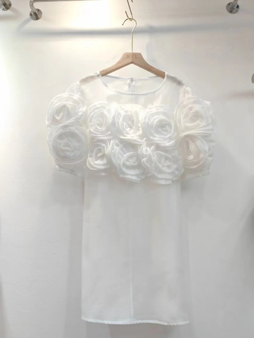 New French Bubble Short Sleeve Shirt Top Women - White