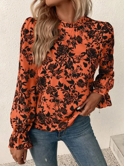 All matching Loose And Elegant French Printed Women's Shirt Black And Orange - Shop at LoveMi