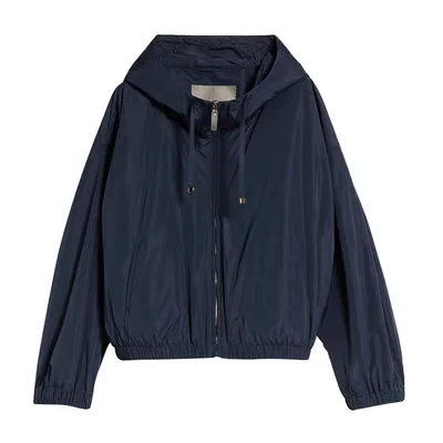 High Density Technology Fabric Drawstring Pocket Cap Casual Loose Short Coat Dark Blue - Shop at LoveMi