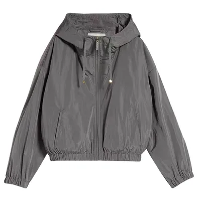 High Density Technology Fabric Drawstring Pocket Cap Casual Loose Short Coat Medium Gray - Shop at LoveMi