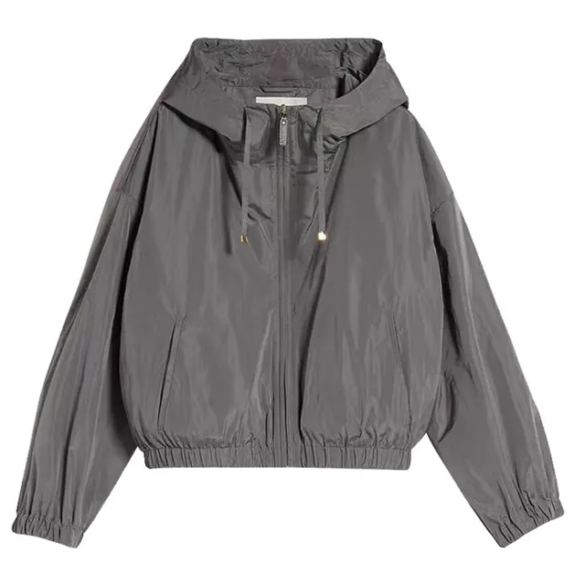 High Density Technology Fabric Drawstring Pocket Cap Casual Loose Short Coat Medium Gray - Shop at LoveMi