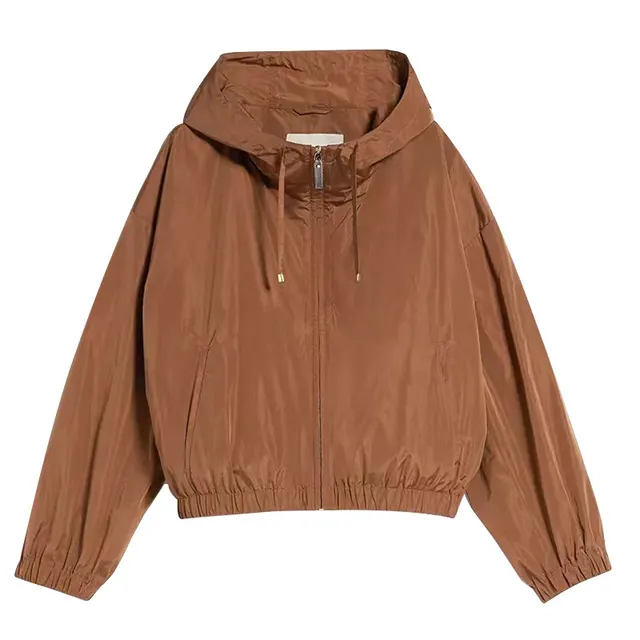 High Density Technology Fabric Drawstring Pocket Cap Casual Loose Short Coat Tobacco Color - Shop at LoveMi